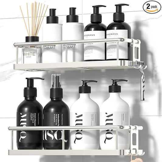 YASONIC Shower Caddy Adhesive, No Drill Bathroom Shower Organizers, with Removable Hooks, Rust Proof Shower Shelves, Wall-Mounted Shower Holder, 2 Pack Silver