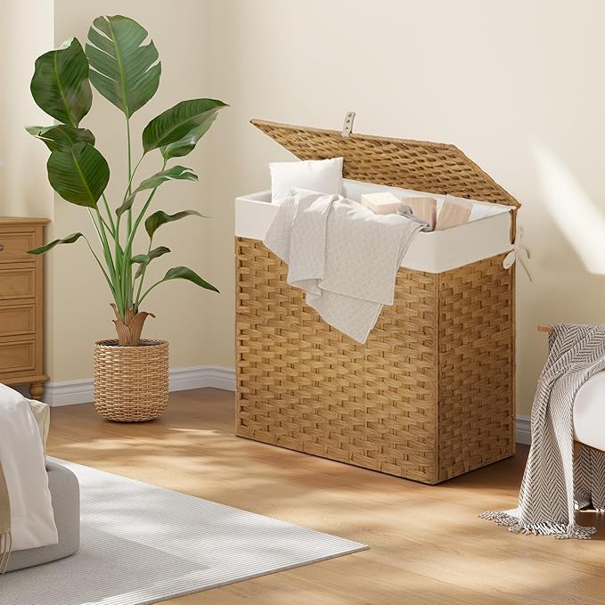 Greenstell Laundry Hamper with Lid, 125L Wicker Laundry Baskets with 2 Removable Liner Bags & 5 Mesh Laundry Bags, Handwoven Rattan Clothes Hamper with Handles for Clothes in Bathroom, Bedroom