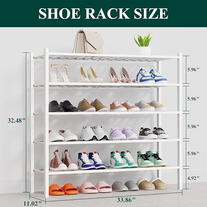 Smiry Shoe Rack, 5 Tier Thick Long Bamboo Shoe Organizer, Stackable Free Standing Wooden Shoe Storage Shelf for Closet, Entryway, Front Door Entrance, White