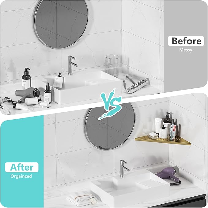 Qeke Bathroom Corner Shelf, Recessed 10" Shower Shelf Caddy, SUS304 Stainless Steel Shelf Wall Mount Triangular, No Drilling, Brushed Golden