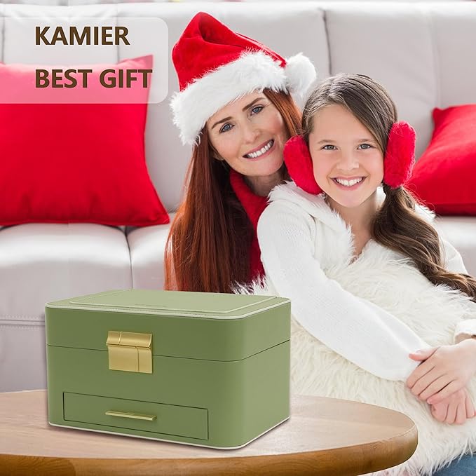 KAMIER Jewelry Box for Women, 3 Layers Jewelry Organizer with Drawers, Large Jewelry Storage Organizer for Earring, Ring, Necklace, Bracelets, Green