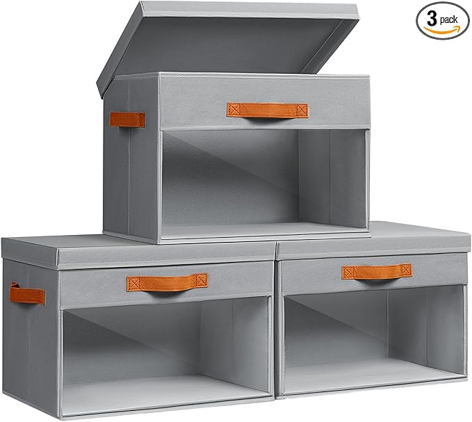 Homsorout Large Storage Bins with Lids - 3 Pack Foldable Decorative Organizers with Clear Windows & Handles, Cube Storage Organizers for Clothes, Blankets, Sweaters, Sheets, Grey