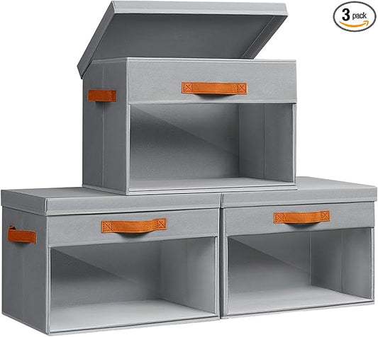 Homsorout Large Storage Bins with Lids - 3 Pack Foldable Decorative Organizers with Clear Windows & Handles, Cube Storage Organizers for Clothes, Blankets, Sweaters, Sheets, Grey