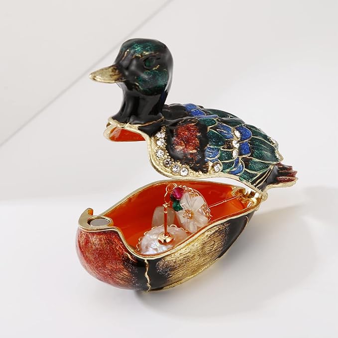 Hand Painted Enamel Duck Trinket Box for Home Decor, Hinged Jewelry Organizer for Ring Earrings, Unique Figurine Keepsake Collectible Personalized Elegant Handmade Ornament Gifts (Green Duck)