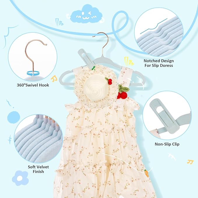 Tonswachic 30-Pack 11 Inch Baby Closet Hangers with 10 Clips - Soft Velvet Non-Slip Hangers for Infant & Toddler Clothes - Blue