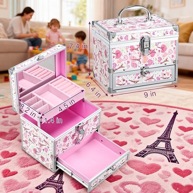 Hododou Girls Jewelry Box Organizer with Drawer & Mirror, Shiny Pink Style Lockable Storage Case for Kid or Little Girls Jewelry and Hair Accessories Pink Tower