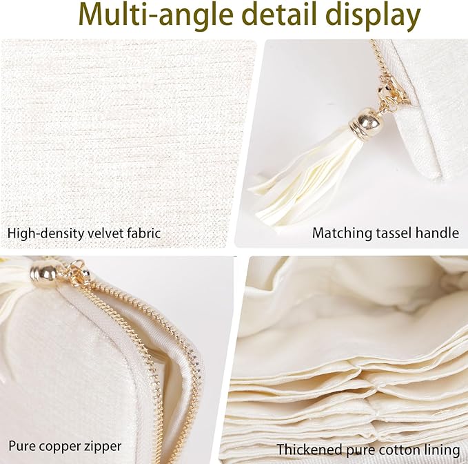 ASINGYER Travel Jewelry Storage Bag for Women, Velvet Portable Jewelry Organizer with Tassel Zipper, Small Pouches for Bracelets Necklaces Rings Earrings, Wedding Gift for Women (beige)