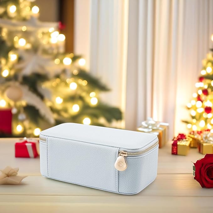 VLANDO Travel Jewelry Box Organizer – Portable PU Leather Jewelry Case with 6/8/12 Zippered Pouches, Compact Storage for Earrings Rings Necklaces Bracelets, Baby Blue