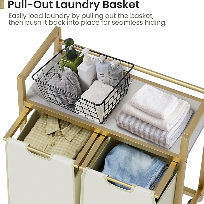 SwaaVee Laundry Hamper, Laundry Basket, Laundry Sorter with 3 Removable Bags, Clothes Basket with 3 Compartments, Wheels, Shelf for Laundry Room Bathroom Bedroom (2 Bags-Golden)