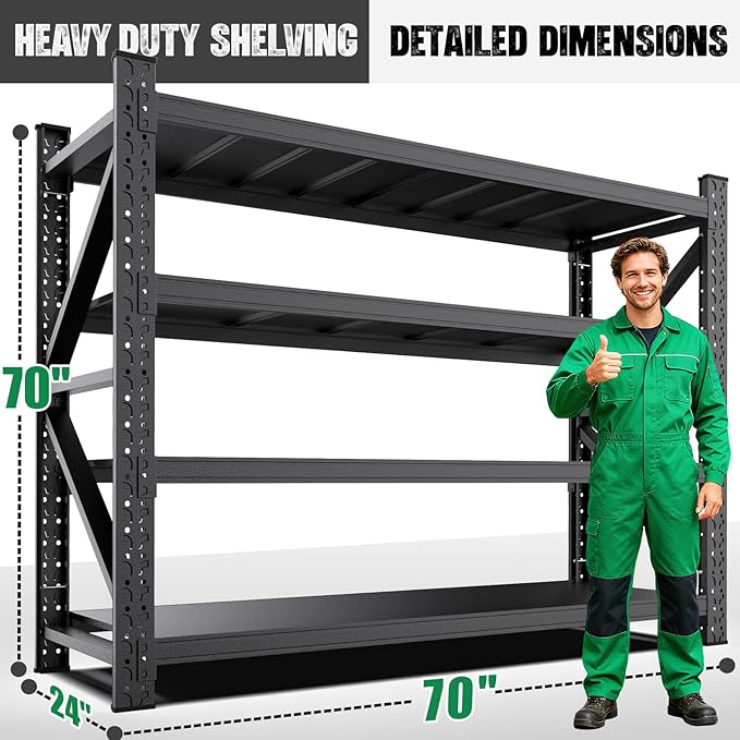 Heavy Duty Garage Shelving,7000LBS Capacity Metal Storage Shelves,4-Tier Adjustable Industrial Shelving Unit,Steel Rack for Warehouse,Garage,Workshop(70" H*70" W*24" D) Black