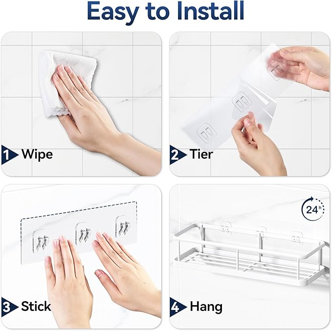 YASONIC Shower Caddy Adhesive, No Drill Bathroom Shower Organizers, with Removable Hooks, Rust Proof Shower Shelves, Wall-Mounted Shower Holder, White, 2 Pack