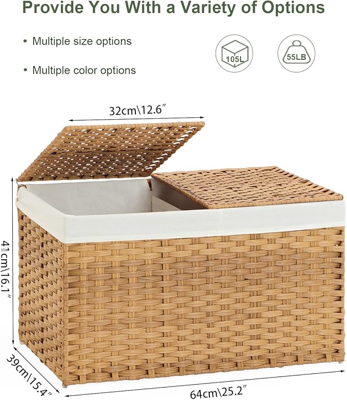 SETVSON Storage Basket with Lid Rattan Storage Basket with 2 Separate Lid, 27.8 Gallon (105 L) 25.2 * 15.4 * 16.1 Inches Woven Wicker Baskets with 2 Liners and Handles for Bedroom Laundry-Natural