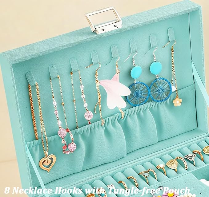 QBestry 3-Layer Jewelry Box for Girls & Teens with Lock and Key, Large Jewelry Organizer with 8 Necklace Hooks & 56 Earring Holes, Teal Velvet Jewelry Storage Box for Necklaces Earrings Rings Bracelet