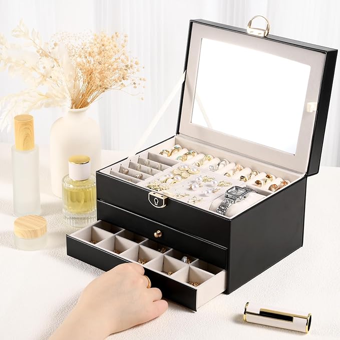 3 Layer Jewelry Boxes for Women with Mirror Large Jewelry Holder Organizer with 2 Jewelry Organizer Drawer PU Lockable Elegant Unique Gifts for Women, Black