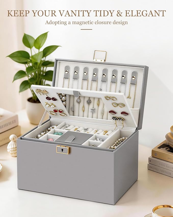 DesignSter Jewelry Box for Women Girl, 3-layer Lockable Jewelry Organizer with Mirror, Large Leather Jewelry Case for Earring Necklace Ring Bracelet Watch