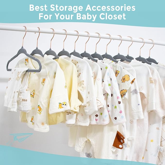 Tonswachic Baby Velvet Hangers 50 Pack - 11 Inch Non-Slip Felt Kids Hanger for Newborn Clothes - Small Toddler Child Hangers Durable for Every Use - 10 Hanger Clips Included, Gray