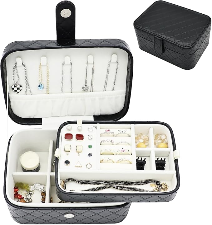 Jewelry Travel Case, 2-Layer Jewelry Box Organizer Medium Jewelry Travel Box, Portable Faux Leather Jewellery Storage Boxes with Argyle for Women, Daily Jewellery Case Home Use (Pure black)