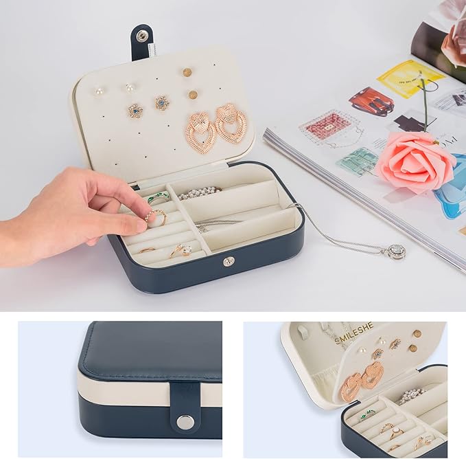 Smileshe Jewelry Box, PU Leather Small Portable Travel Case, 2 Layers Organizer Display Storage Holder Boxes for Rings Earrings Necklaces Bracelets