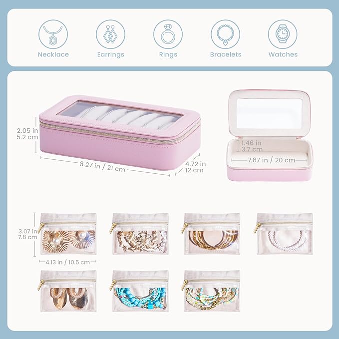 Lolalet 8 in 1 Travel Jewelry Case with Velvet Pouches, Clear Window Travel Jewelry Organizer Bags for Earrings, Bracelets, Necklaces and Rings, Compact Jewelry Storage for Women Girls -Pink, 7PCS