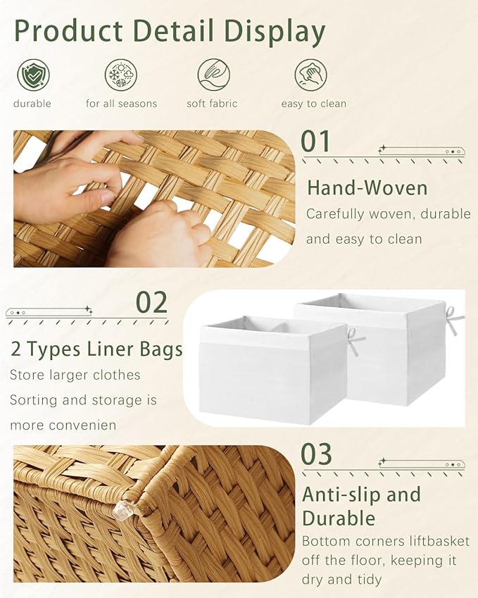 SETVSON Storage Basket with Lid Rattan Storage Basket with 2 Separate Lid, 27.8 Gallon (105 L) 25.2 * 15.4 * 16.1 Inches Woven Wicker Baskets with 2 Liners and Handles for Bedroom Laundry-Natural