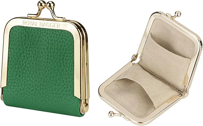 Royal Bagger Genuine Cow Leather Ultra-Slim Mini Jewelry Box, Ring & Necklace Storage, Slim Coin Purse with Kiss Lock for Women 3120 (Lake Green)