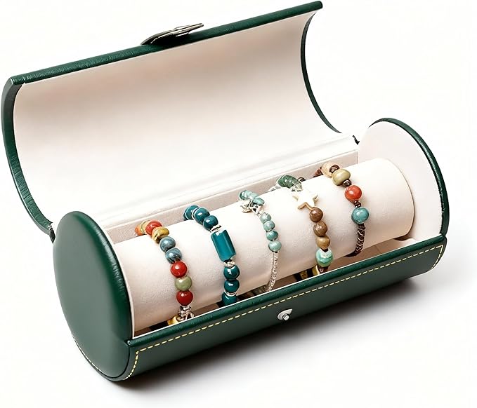 Jewelry Box for Bracelets – Vintage Leather Cylindrical Bangle Box Large Capacity Organizer for Cuffs, Bead Bangles, Travel Storage Case