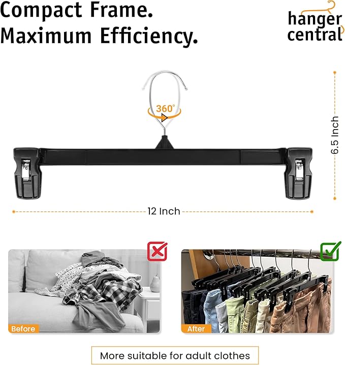 Hanger Central 30 Pack Pants Hangers Slim Plastic Clothes Hangers with Clips for Skirts, Shorts & Trousers – Non Slip Grip, Heavy Duty Space Saver with Swivel Hook – Black Closet Organizer - 12 Inch