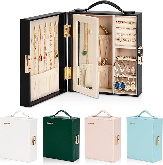 Enthralite Large Travel Jewelry Case: Portable Jewelry Box with Mirror - PU Leather Small Jewelry Organizer for Rings Earrings Necklaces Bracelets - Birthday Gift for Her - Jewelry Storage