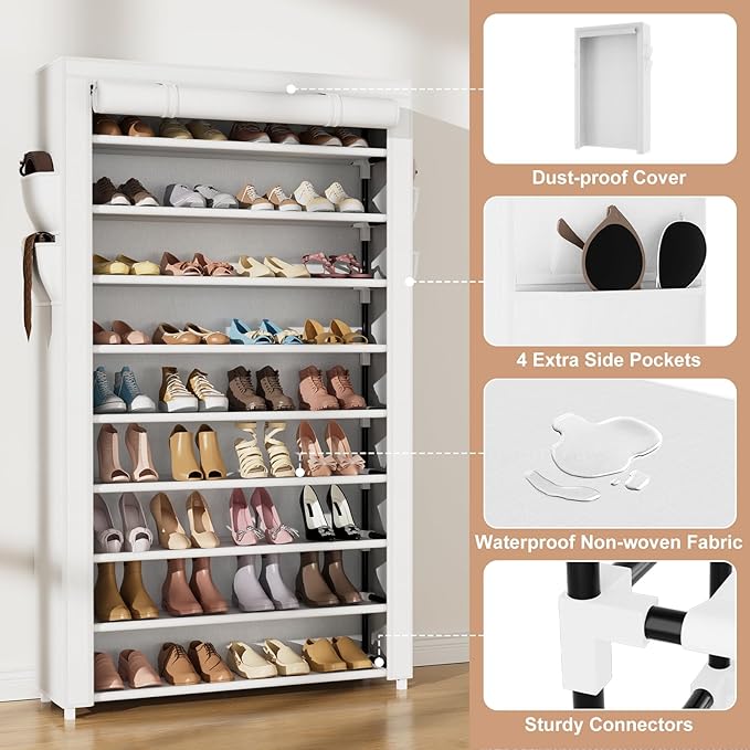 VILICK Shoe Rack with Cover Narrow Shoe Organizer with Pockets 10 Tier Tall Shoe Storage Holds 36-41 Pairs Shoes and Boots Shoe Rack for Closet Entryway Garage, White