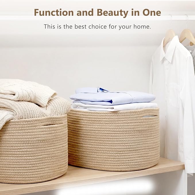 ECDYQXVU Cotton Rope Storage Basket, 15x10x9 Inches, Woven Basket for Shelves, Clothes, Towels, Books, and Laundry, Jute Brown (3 Pack)