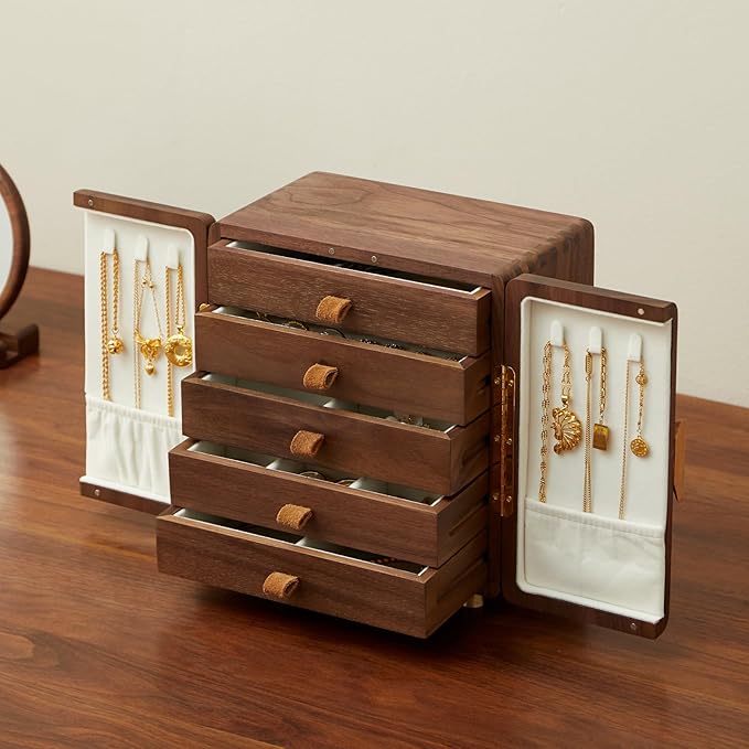 Solid Black Walnut Wood Jewelry Box for Women & Men, Large Velvet Lined Wooden Jewelry Organizer with 5 Drawers, Hand Carved Ginkgo Leaf Handles, Double Door Wardrobe Design