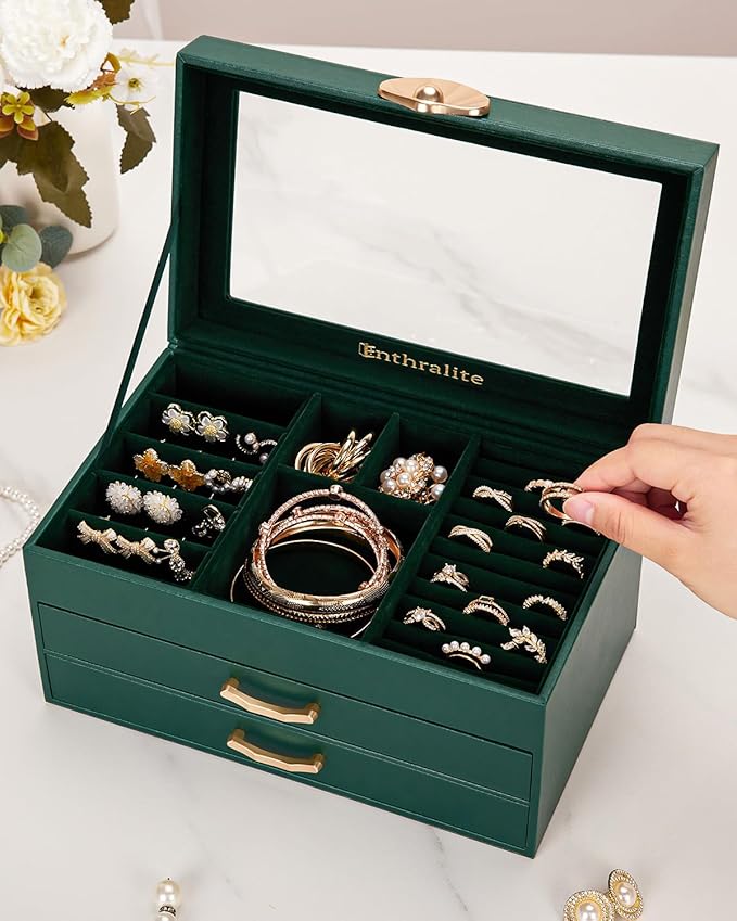 Enthralite Jewelry Box with 2 Drawers: Display Organizer for Earrings Necklaces - Christmas Gifts for Girls Women (Forest Green)