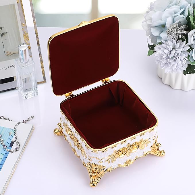 Hipiwe Vintage Jewelry Box Rectangular Trinket Chest Metal Treasure Holder for Ring Earrings Organizer Keepsake Box Gift for Woman, Beige, 5.1" L x 5.1" W x 3.1" H
