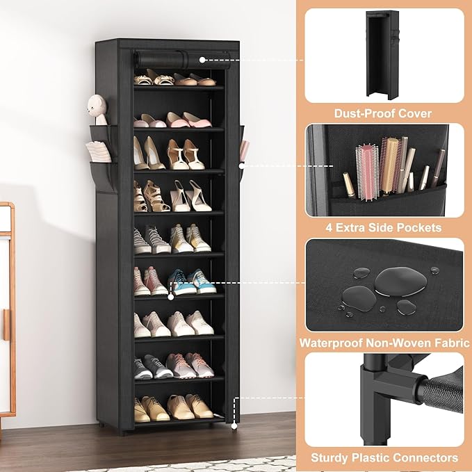 VILICK Shoe Rack with Cover Narrow Shoe Organizer with 4 Side Pockets 10 Tier Tall Shoe Storage Holds 18-22 Pairs Shoes and Boots Shoe Rack for Closet Entryway Garage