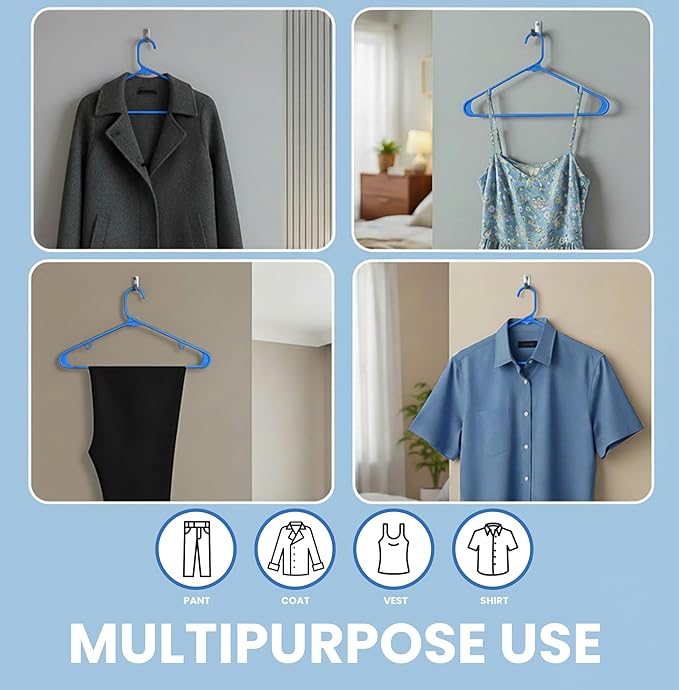 Utopia Home Plastic Hangers 50 Pack - Space Saving Clothes Hanger - Durable & Strong Closet Organizers and Storage with Built-in Strap Hooks - Essential for Shirts, Pants, Skirts & Coats (Blue)