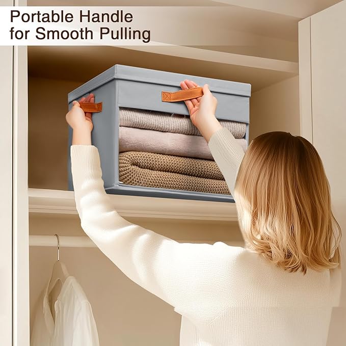 Homsorout Large Storage Bins with Lids - 3 Pack Foldable Decorative Organizers with Clear Windows & Handles, Cube Storage Organizers for Clothes, Blankets, Sweaters, Sheets, Grey