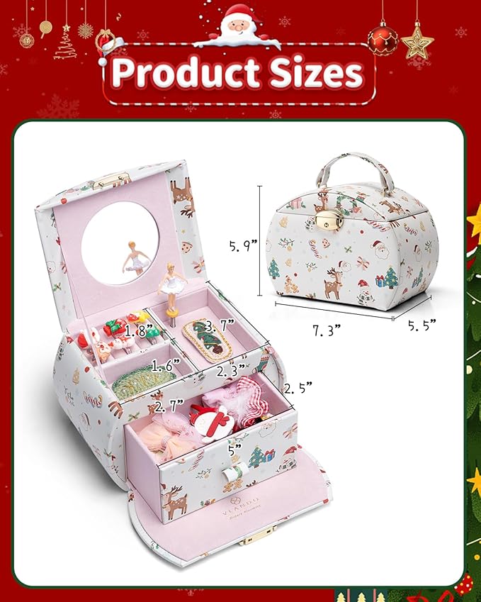 Vlando Kids Musical Jewelry Box for Girls with Drawer, Music Box with Ballerina and Stickers for Birthday Bedroom Decor, Christmas Gifts for Girls Kids - Christmas White