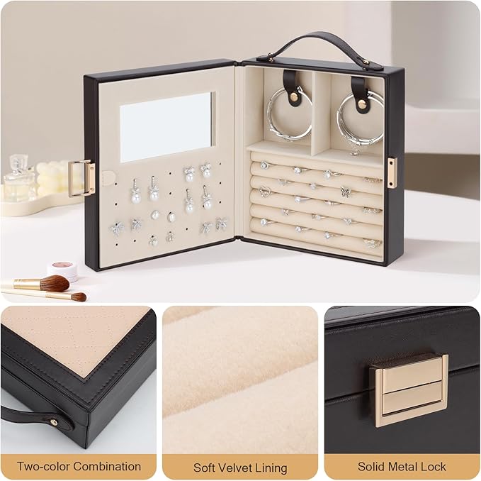DesignSter Travel Jewelry Case for Woman, Portable Jewelry Travel Box with Mirror, PU Leather Small Jewelry Organizer with Handle for Rings Earrings Bracelets Necklaces(Black Brown & Apricot)