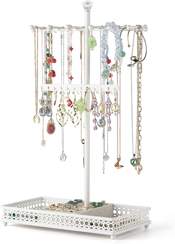 Meangood Jewelry Organizer Stand, 15.6" H Jewelry Tree Display Holder Stand for Bracelets Necklaces Earrings Rings, Gift for Women Girls (White)