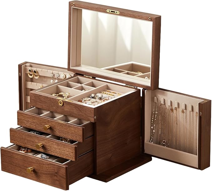 CHOSIN Black Walnut Wooden Jewelry Box, 4 Layer Lockable Wood Jewelry Organizer with Mirror, Side Doors & Brass Handle, Classical Design for Rings, Necklaces, Earrings, Mothers Day Gifts for Mom