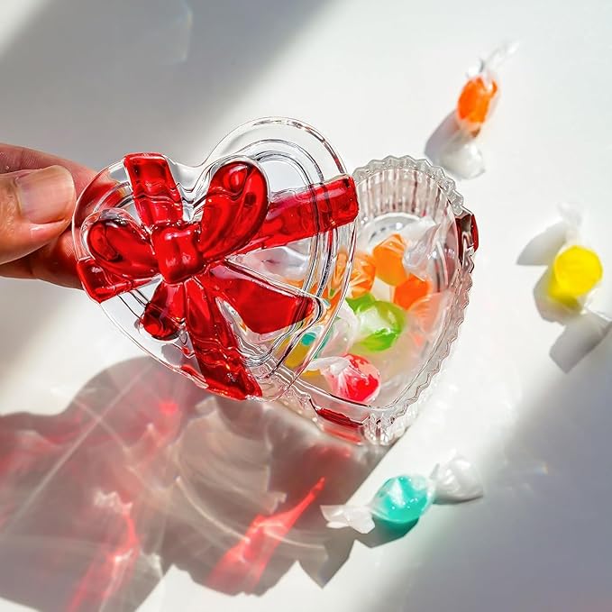 kanpura 2 Pack Glass Heart Shaped Jewelry Box Candy Dish with Lid Ring Earring Trinket Storage Box Vintage Jewelry Organizer Decorative Jar Gifts for Women Girls(Red & Clear)