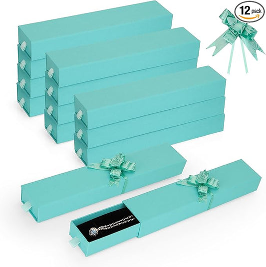 12-Pack Drawer Style Jewelry Gift Boxes with Sponge Insert, 8.7"x1.8"x1.2" Necklace & Bracelet Display Box for Presentation, Cardboard Storage Organizer for Pendant, Ring, Earring-Emerald green
