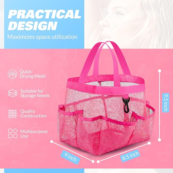 LOYEE Mesh Shower Caddy Portable for College Dorm Room Essentials with 8 Pockets, Shower Bag for Beach, Swimming, Gym, Travel, Bathroom(All rose pink)