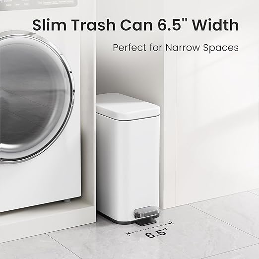 Cesun Bathroom Trash Can with Lid, 2.6 Gallon Small Bathroom Garbage Can Soft Close, Stainless Steel Waste Basket with Step Pedal for Bedroom, Laundry Room, Living Room, Home Office, Toilet, RV, White
