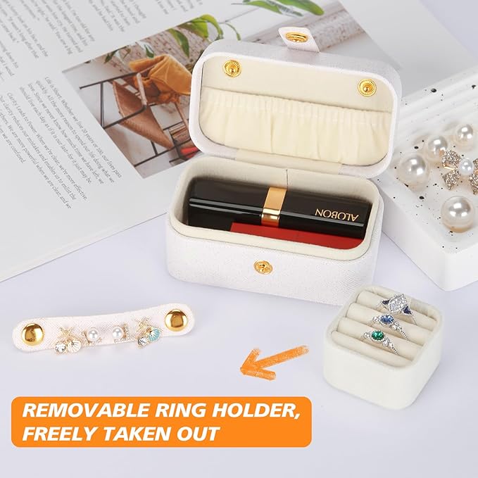 KUKUVR Small Travel Jewelry Box, Mini Jewelry Holder for Multiple Rings Necklace Earrings Lipstick, Portable Jewelry Storage Organizer Case with Removable Ring Slot (WHITE)