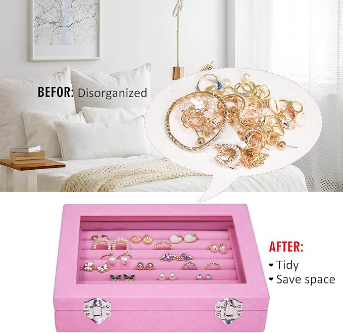 Vicoter Rings Organizer Tray 7 Slots Velvet Jewelry Earring Storage Box with Transparent lid Jewelry Display Case for Girls Wife Mom Women (Pink)
