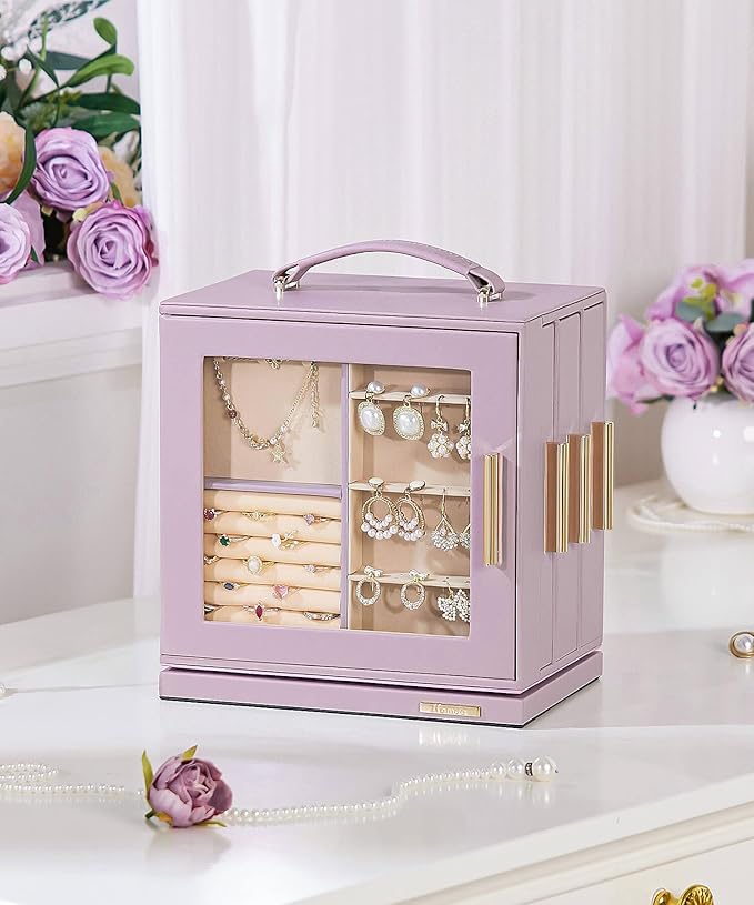 Homde Jewelry Box 360° Rotating, Necklace Earring Organizer with Transparent Window, Mirror, 7 Drawers, Large Ring Display Storage Case for Girls Women (Grey Purple)