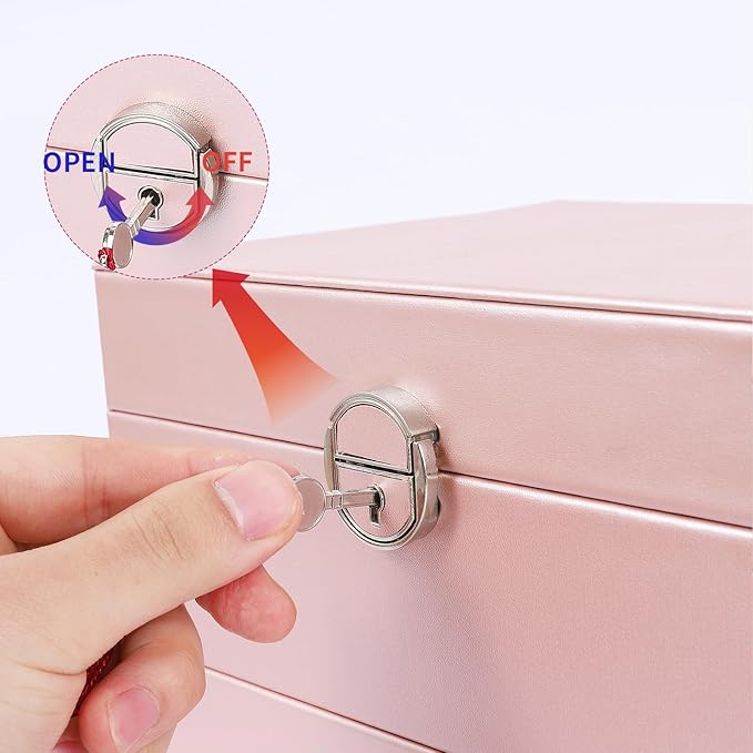 BOOVO Earring Jewelry Box For Women Girl Stud Organizer, 4 Layers Girl Jewelry Organizer Box With Lock Earring Holder Organizer Necklace Ring Jewelry Organizer Box For Girls (Rose Gold, 4 layer)