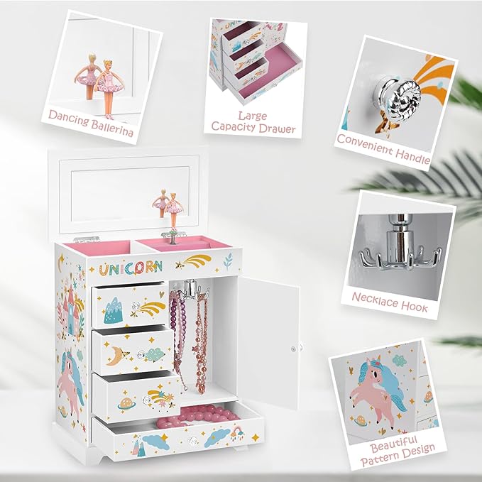 Large Jewelry Box for Girls 5-Layer Music Box with Swing Door Spinning Ballerina Unicorn Necklace & Bracelet Set Children Jewelry Organizer for Girls Kids Birthday Christmas Gift White