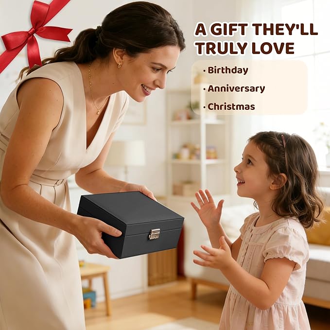 Homeanda Jewelry box 2 layer Jewelry box Leather Jewelry boxes for Women Girls Teens Jewelry organizer box Jewelry Storage box with lock(Black)